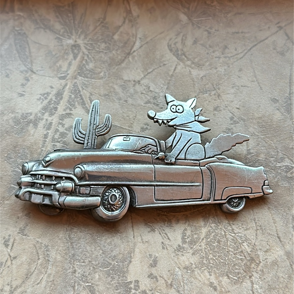 Pewter Brooch JJ Jonette Vintage Pin Coyote in Convertible Cadillac w Cactus
